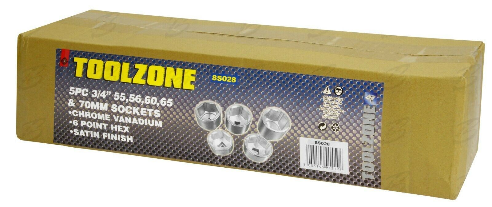 TOOLZONE 5PCS 3/4" DRIVE 12 POINT SOCKETS 55MM - 70MM