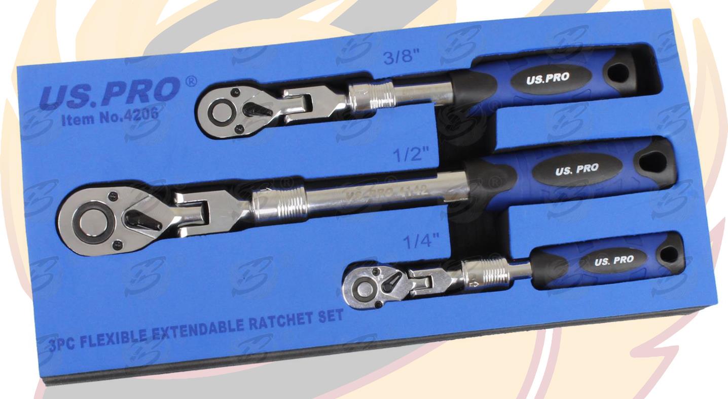 US PRO 3PCS 1/4" & 3/8" & 1/2" DRIVE 72 TOOTH FLEXI EXTENDABLE RATCHET HANDLES