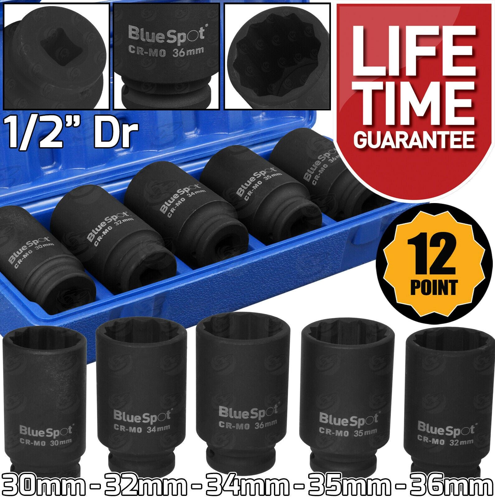 BLUESPOT 5PCS 1/2" DRIVE 12 POINT DEEP IMPACT SOCKETS 30MM - 36MM