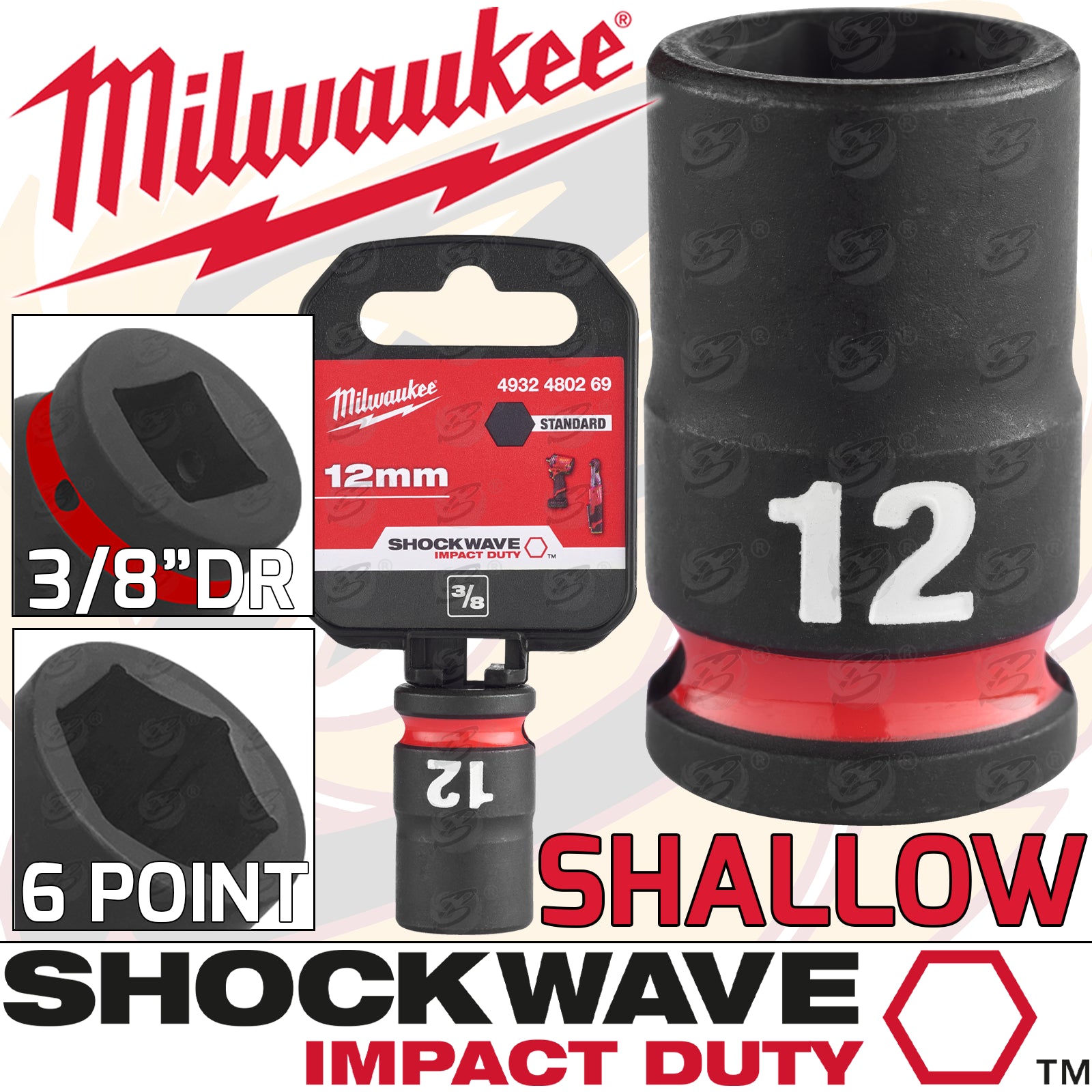 MILWAUKEE 12MM 3/8" DRIVE 6 POINT SHALLOW IMPACT SOCKET ( SINGLE )