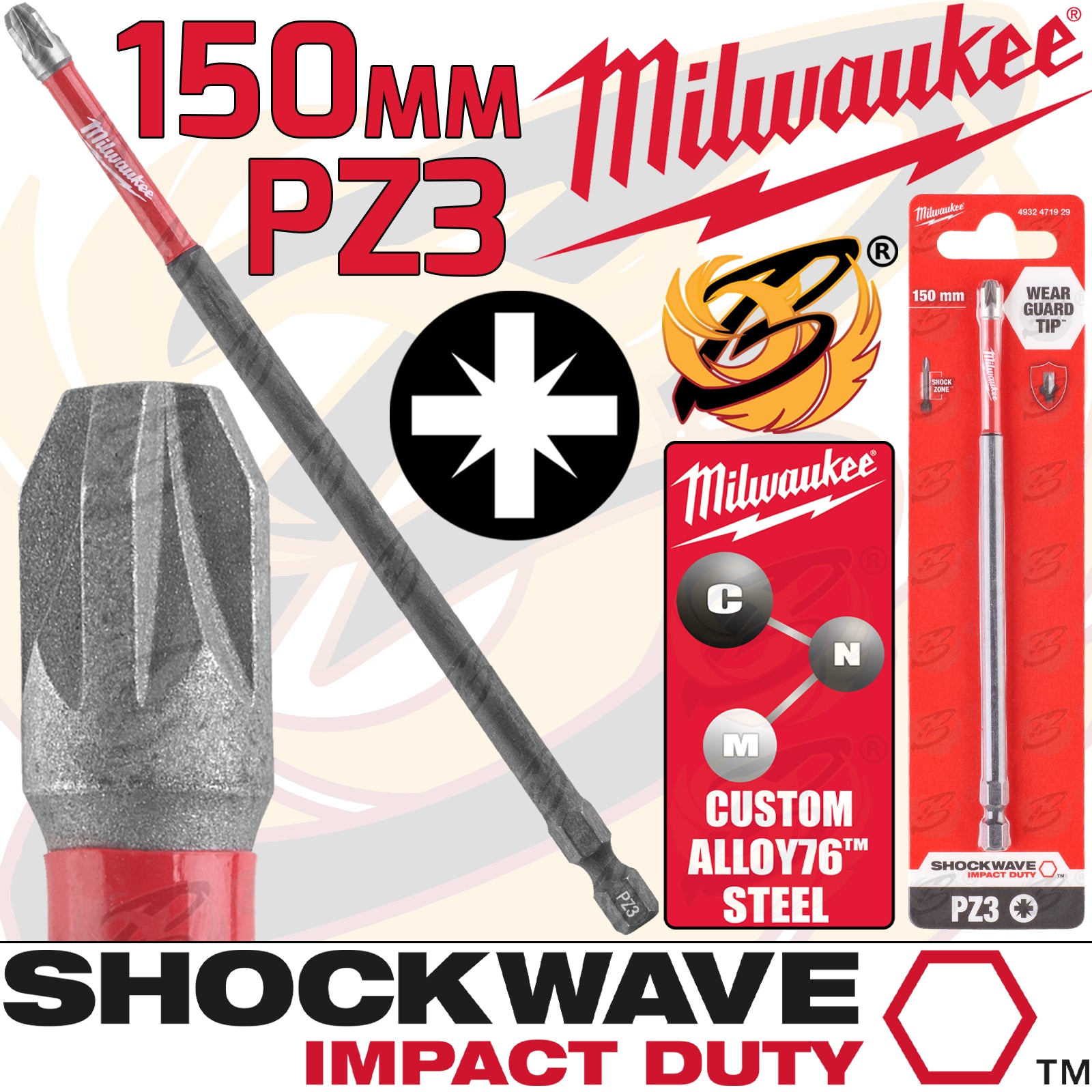 MILWAUKEE PZ3 x 150MM POZIDRIVE IMPACT DRILL / DRIVER BIT ( SHOCKWAVE IMPACT DUTY )