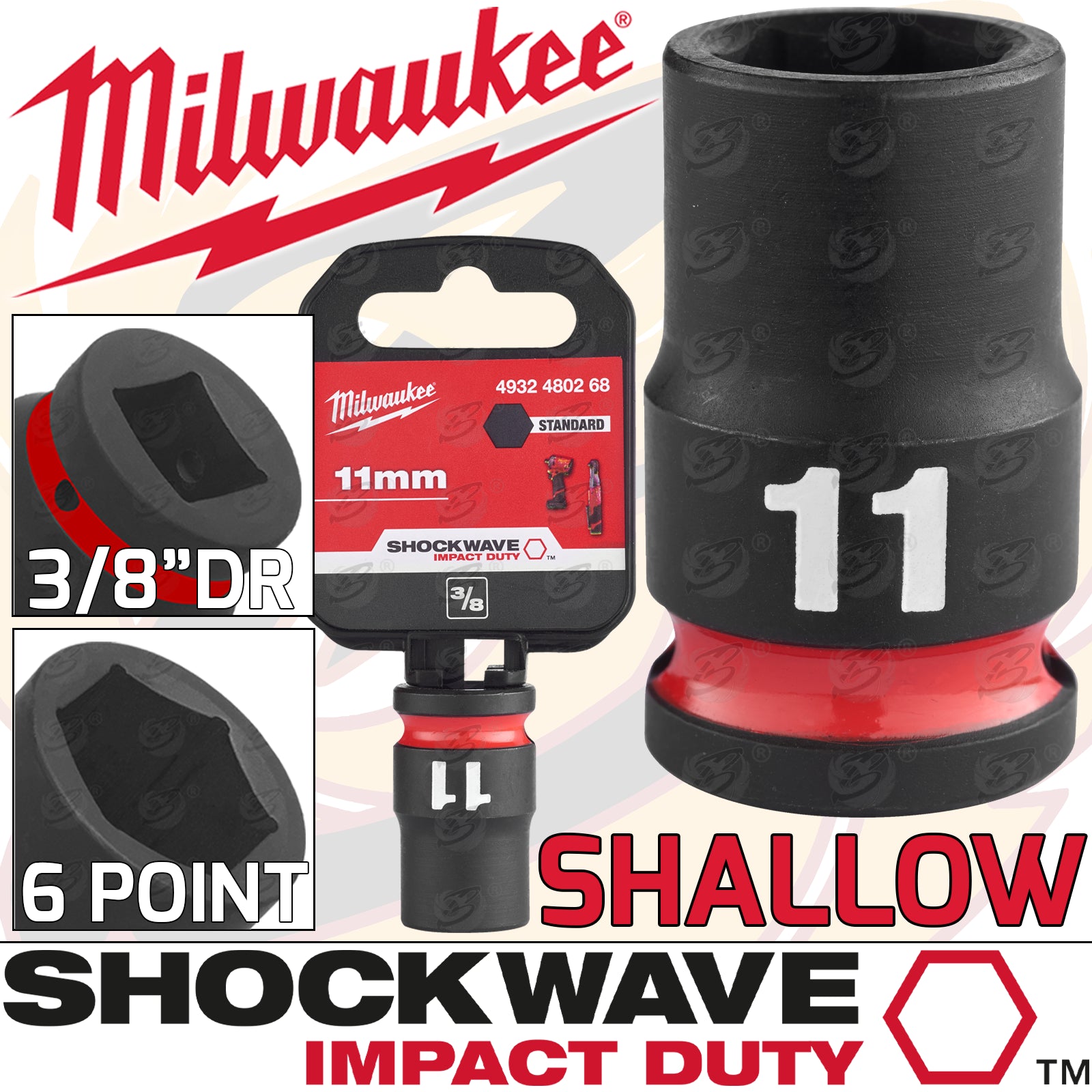 MILWAUKEE 11MM 3/8" DRIVE 6 POINT SHALLOW IMPACT SOCKET ( SINGLE )