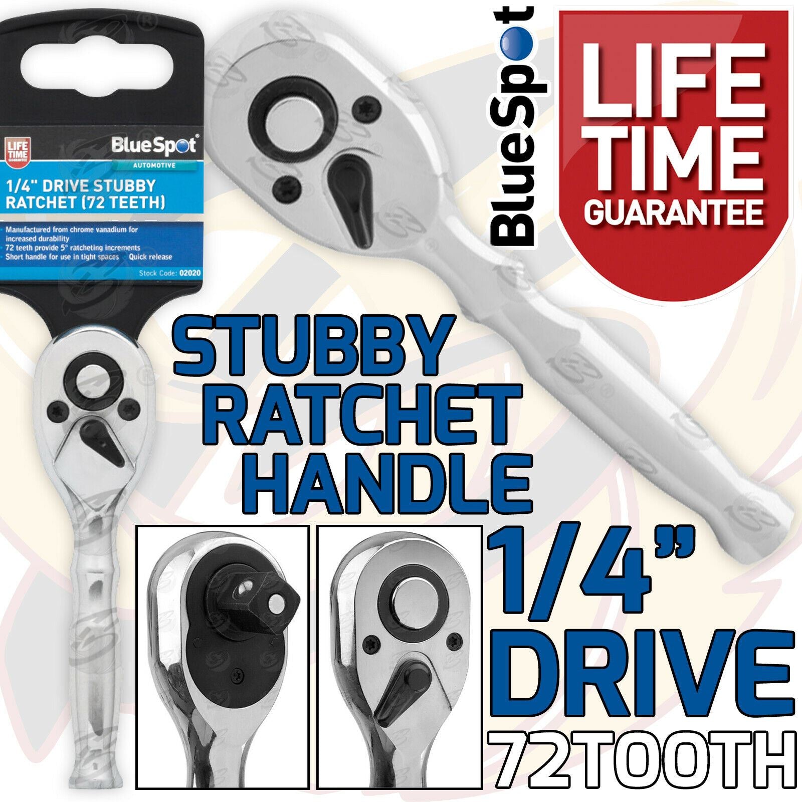 BLUESPOT 1/4" DRIVE 72 TOOTH STUBBY RATCHET HANDLE