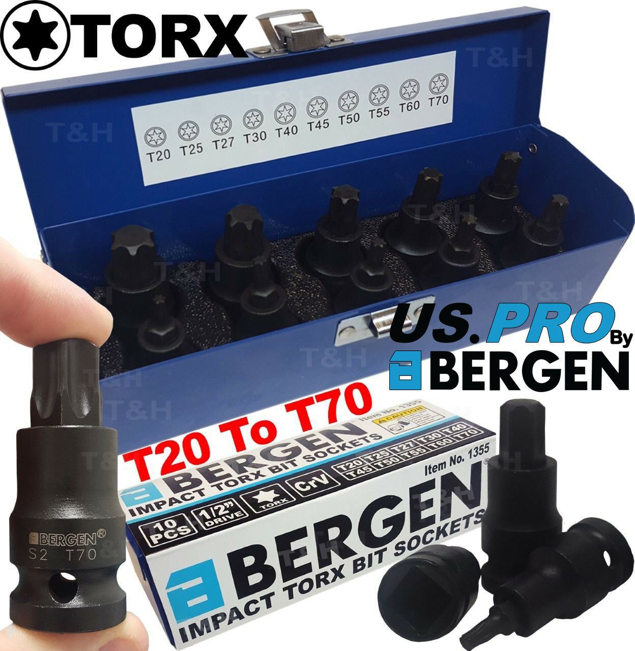 US PRO 10PCS 1/2" DRIVE IMPACT TORX BIT SOCKETS T20 - T70