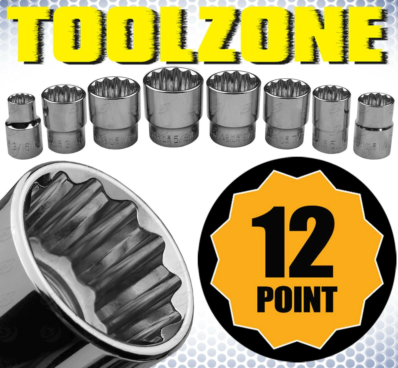 TOOLZONE 8PCS 1/2" DRIVE 12 POINT WHITWORTH SHALLOW SOCKETS