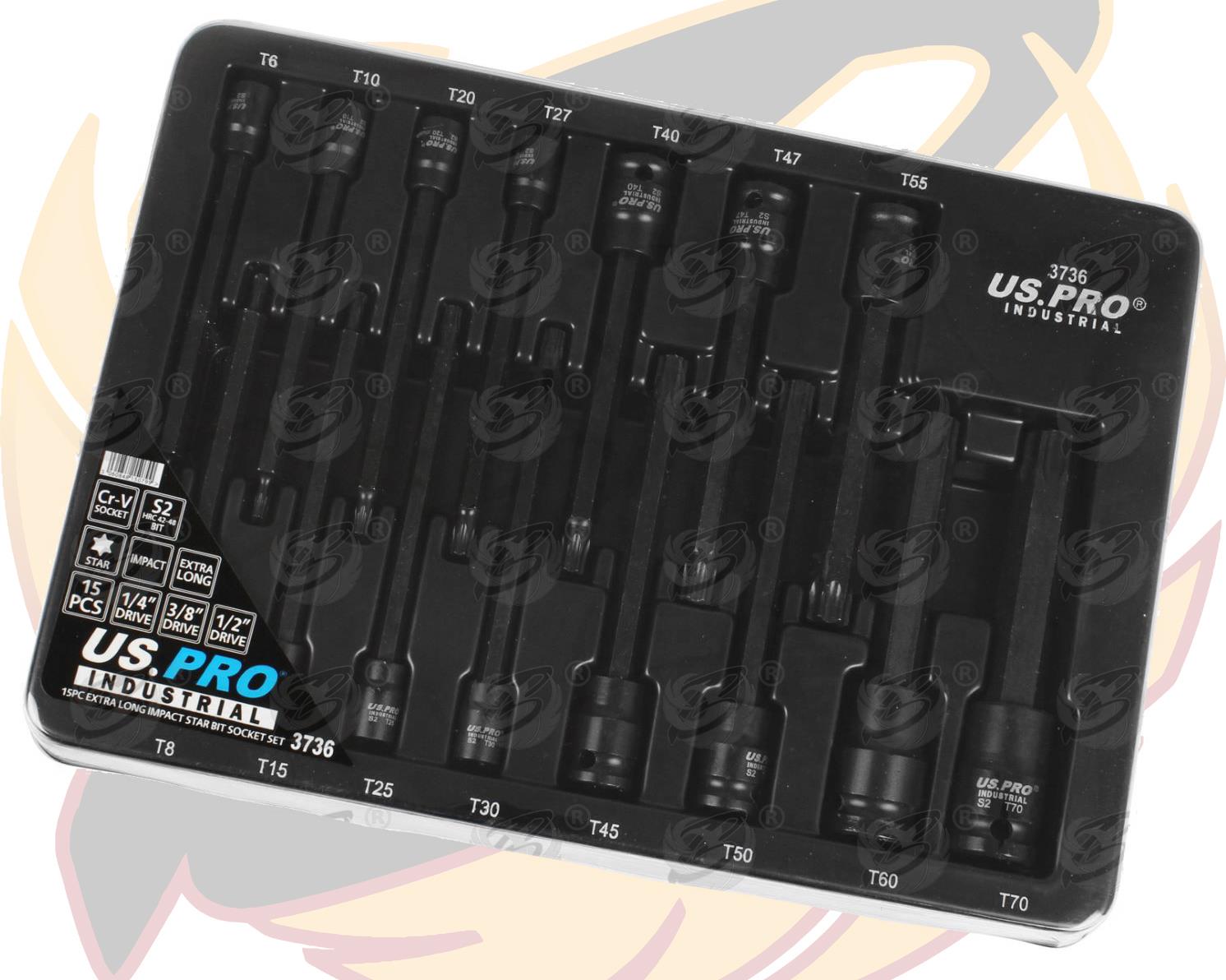 US PRO INDUSTRIAL 15PCS 1/4" & 3/8" & 1/2" DRIVE EXTRA LONG IMPACT TORX BIT SOCKETS T6 - T70