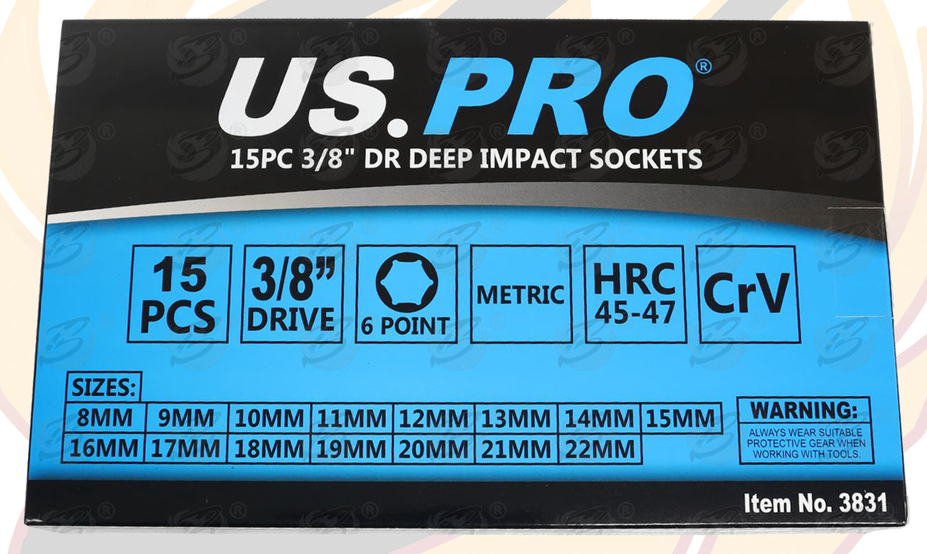 US PRO 15PCS 3/8" DRIVE 6 POINT DEEP IMPACT SOCKETS 8MM - 22MM