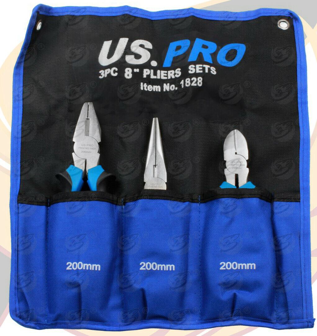 US PRO 8" PLIER SET ( COMBI - CUTTERS - LONG NOSE )
