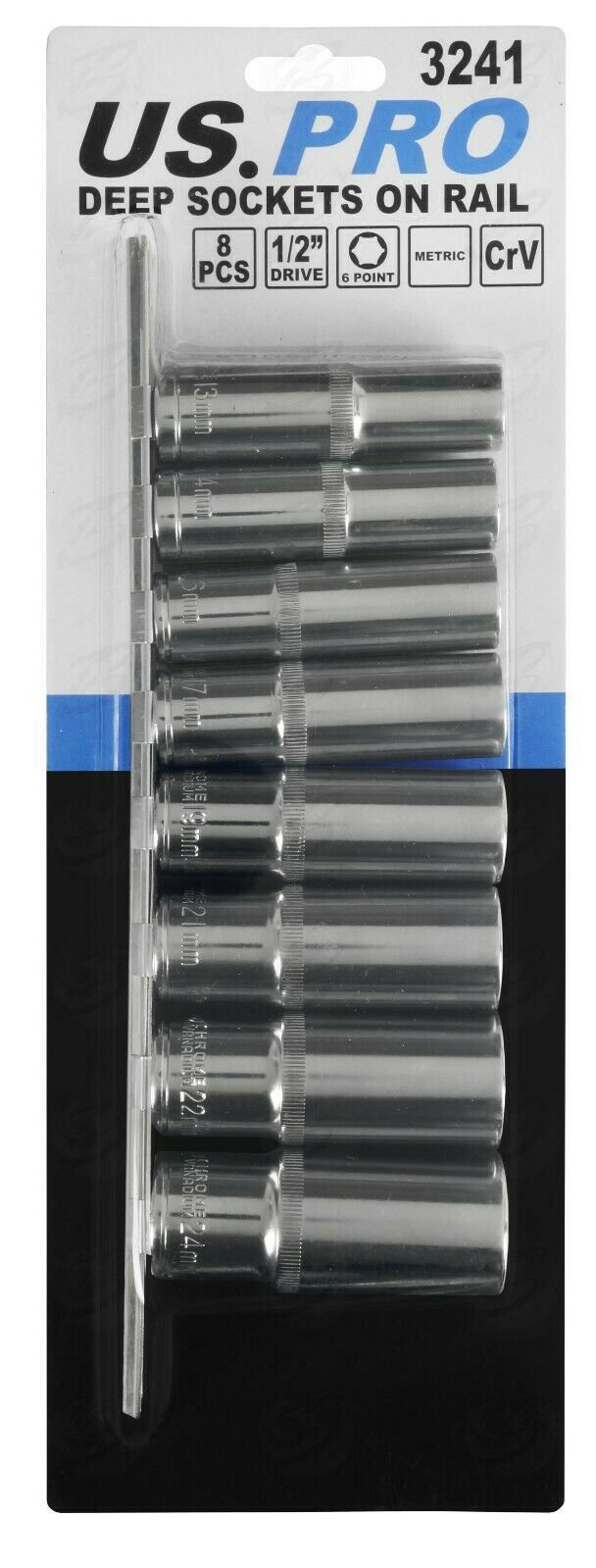 US PRO 8PCS 1/2" DRIVE 6 POINT DEEP SOCKETS 13MM - 24MM