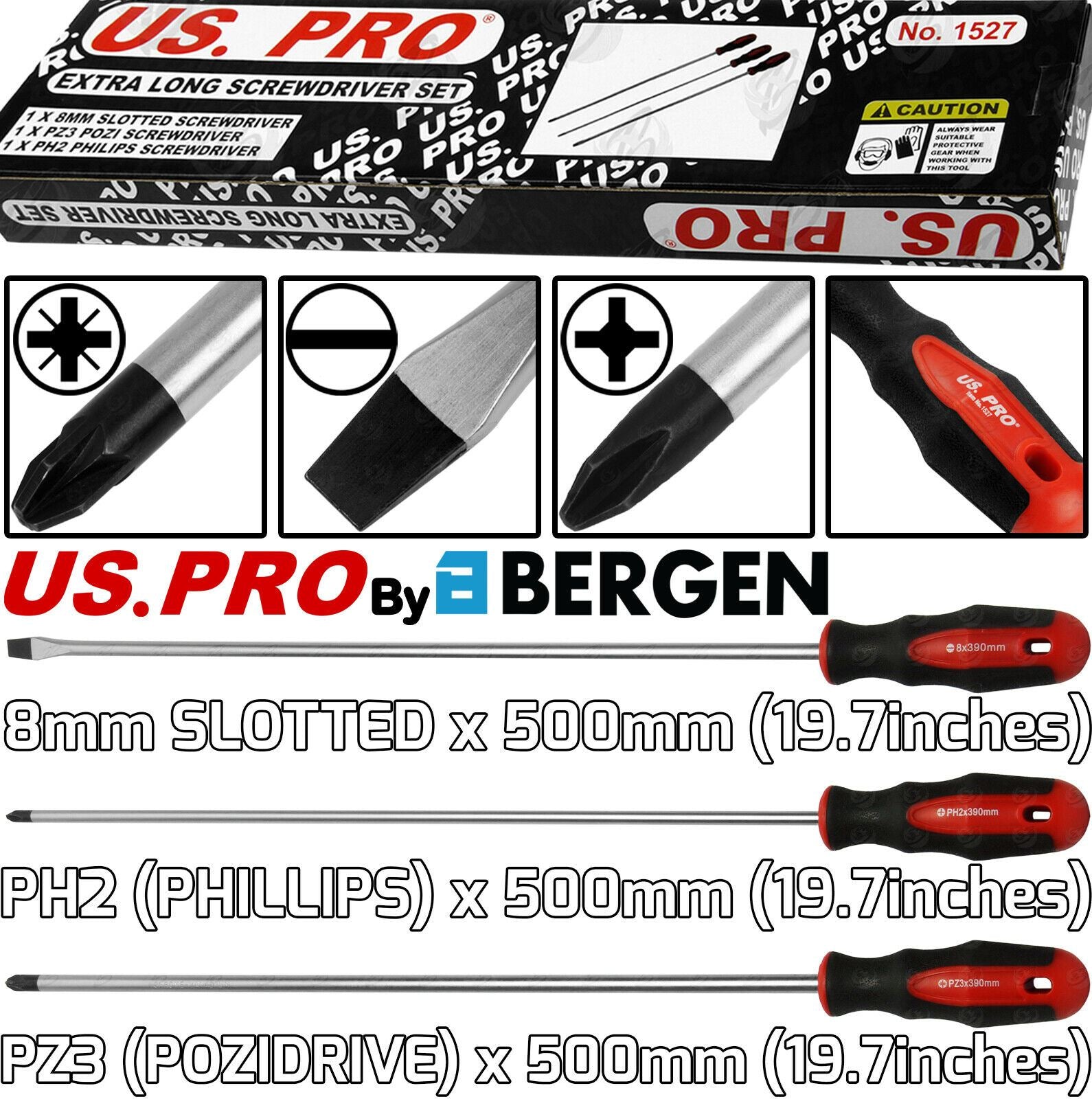 US PRO 3PCS EXTRA LONG MAGNETIC SCREWDRIVERS ( SLOTTED - PHILLIPS - POZIDRIVE )