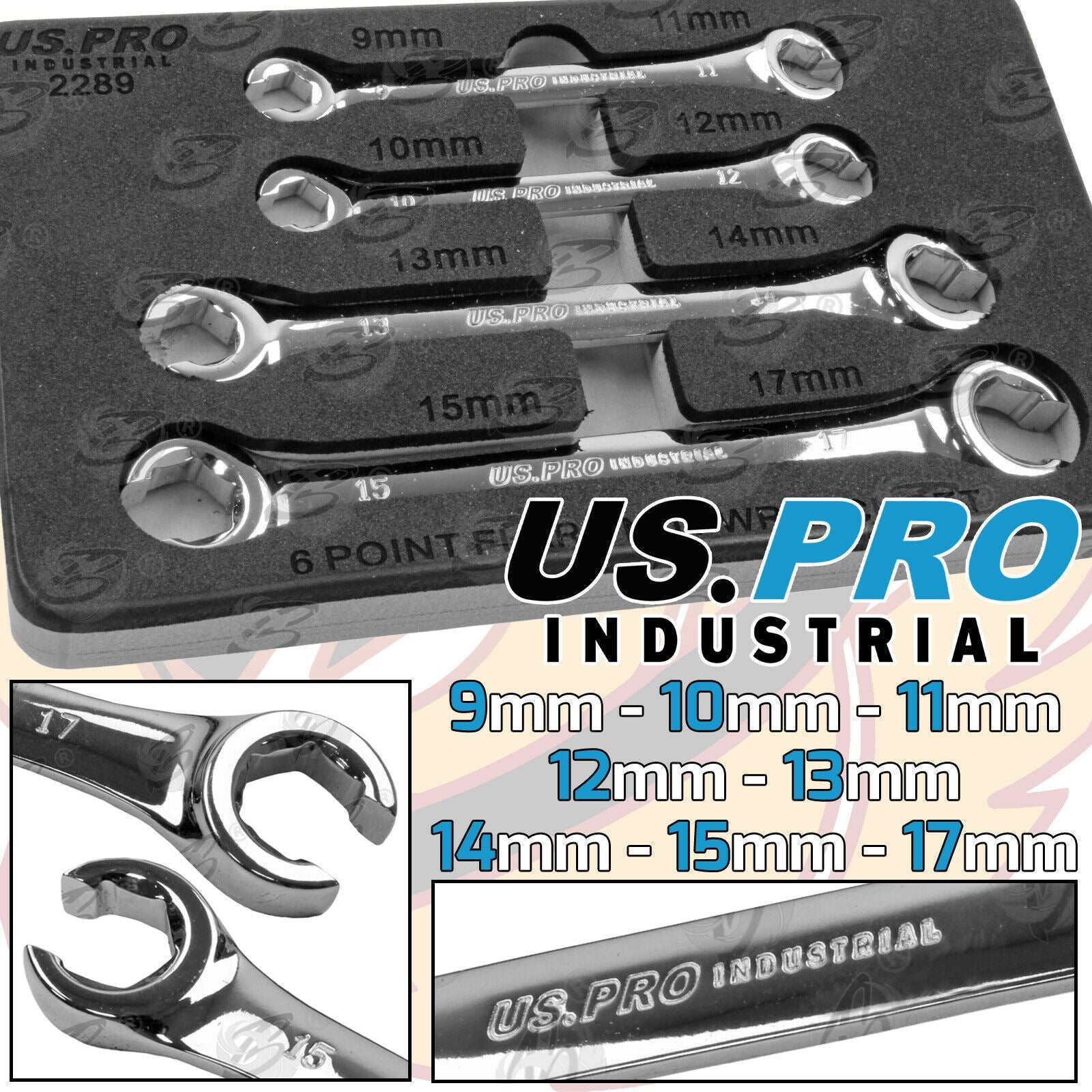 US PRO INDUSTRIAL 4PCS 6 POINT FLARE NUT SPANNERS 9MM - 17MM
