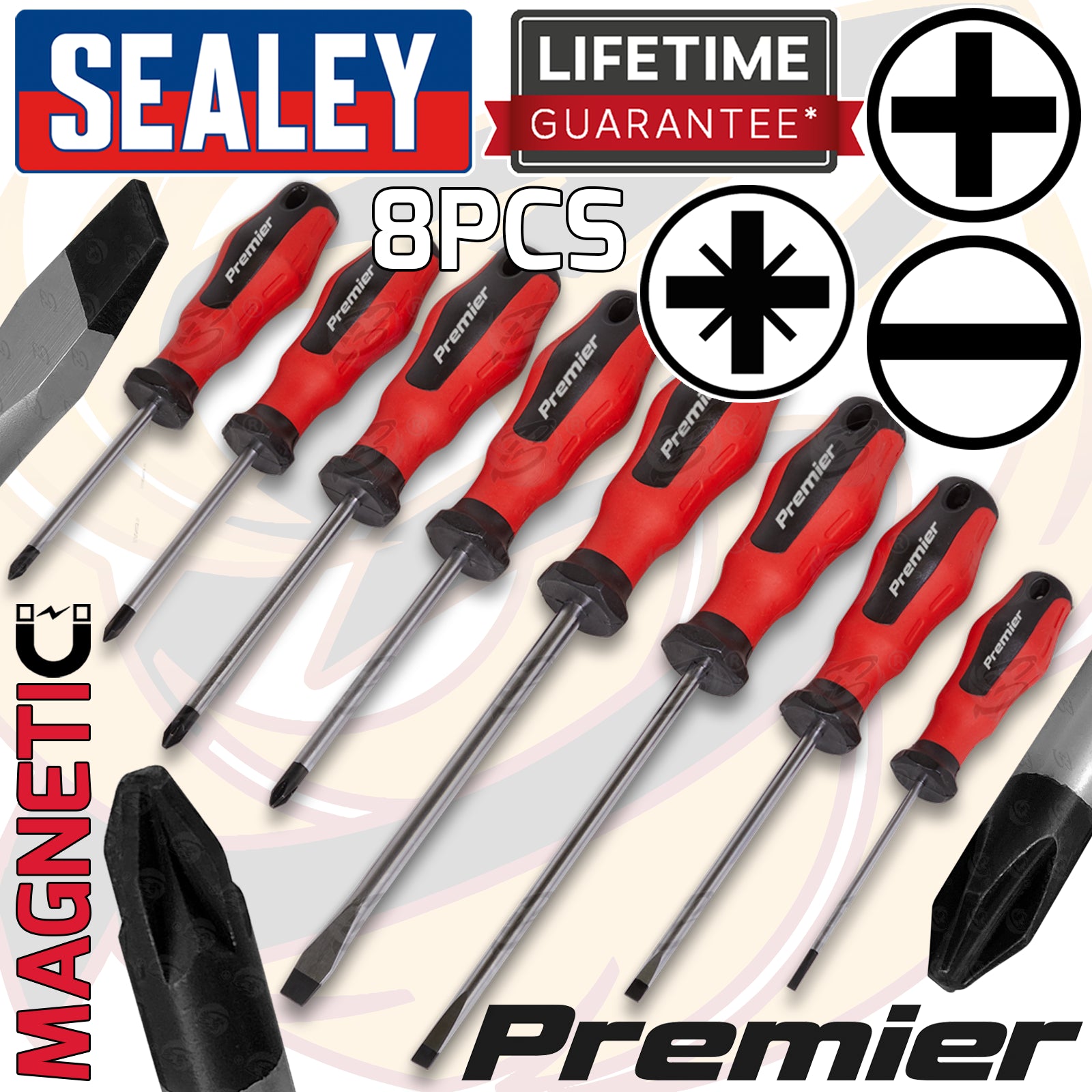 SEALEY 8PCS MAGNETIC SCREWDRIVERS ( SLOTTED - PHILLIPS - POZIDRIVE )