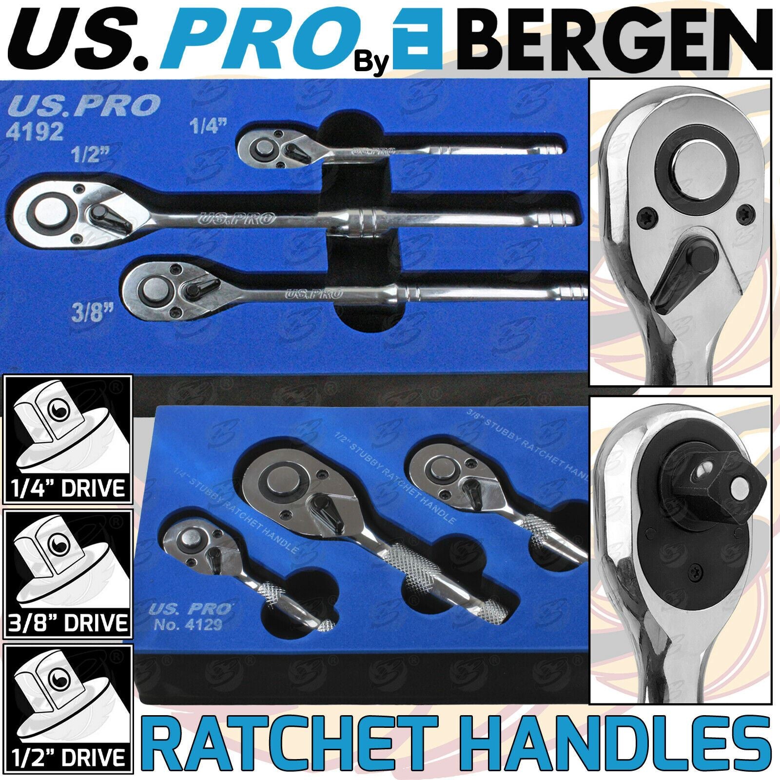 US PRO 6PCS 1/4" & 3/8" & 1/2" DRIVE 72 TOOTH RATCHET HANDLE SET