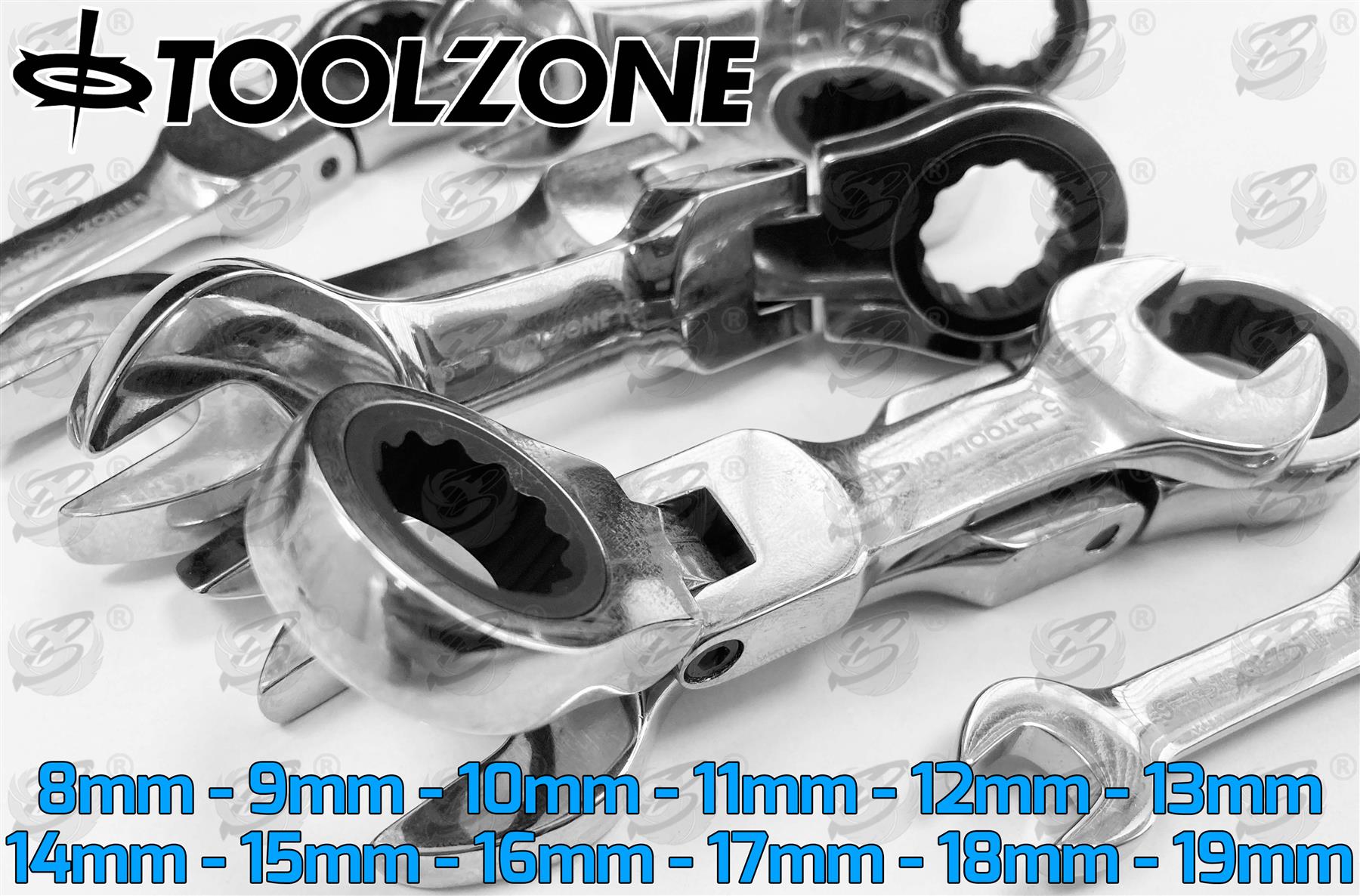 TOOLZONE 12PCS COMBINATION STUBBY FLEXIBLE RATCHET SPANNER SET 8MM - 19MM
