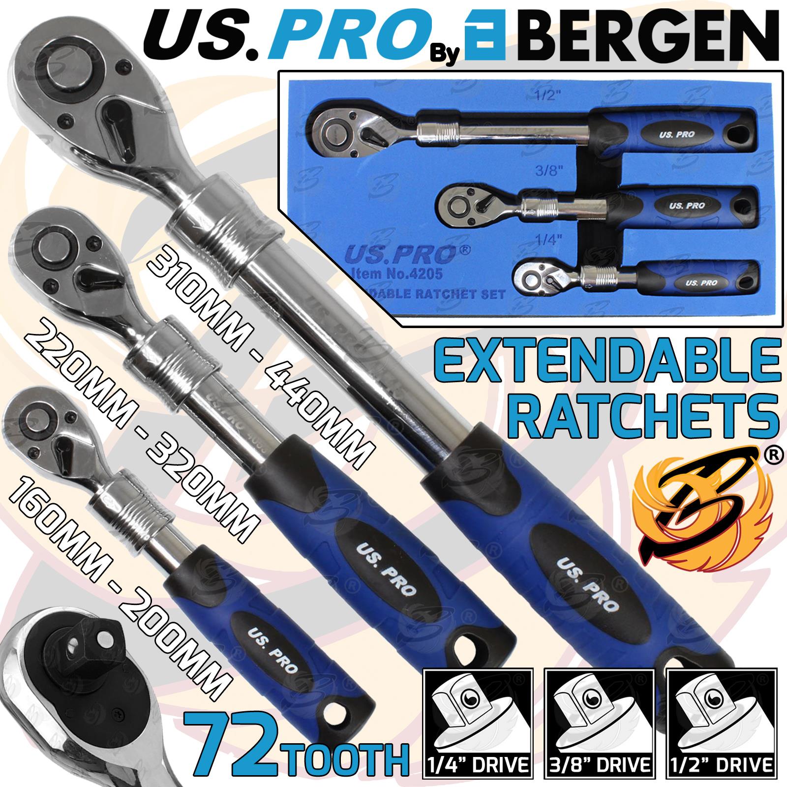 US PRO 3PCS 1/4" & 3/8" & 1/2" DRIVE 72 TOOTH EXTENDABLE RATCHET HANDLES
