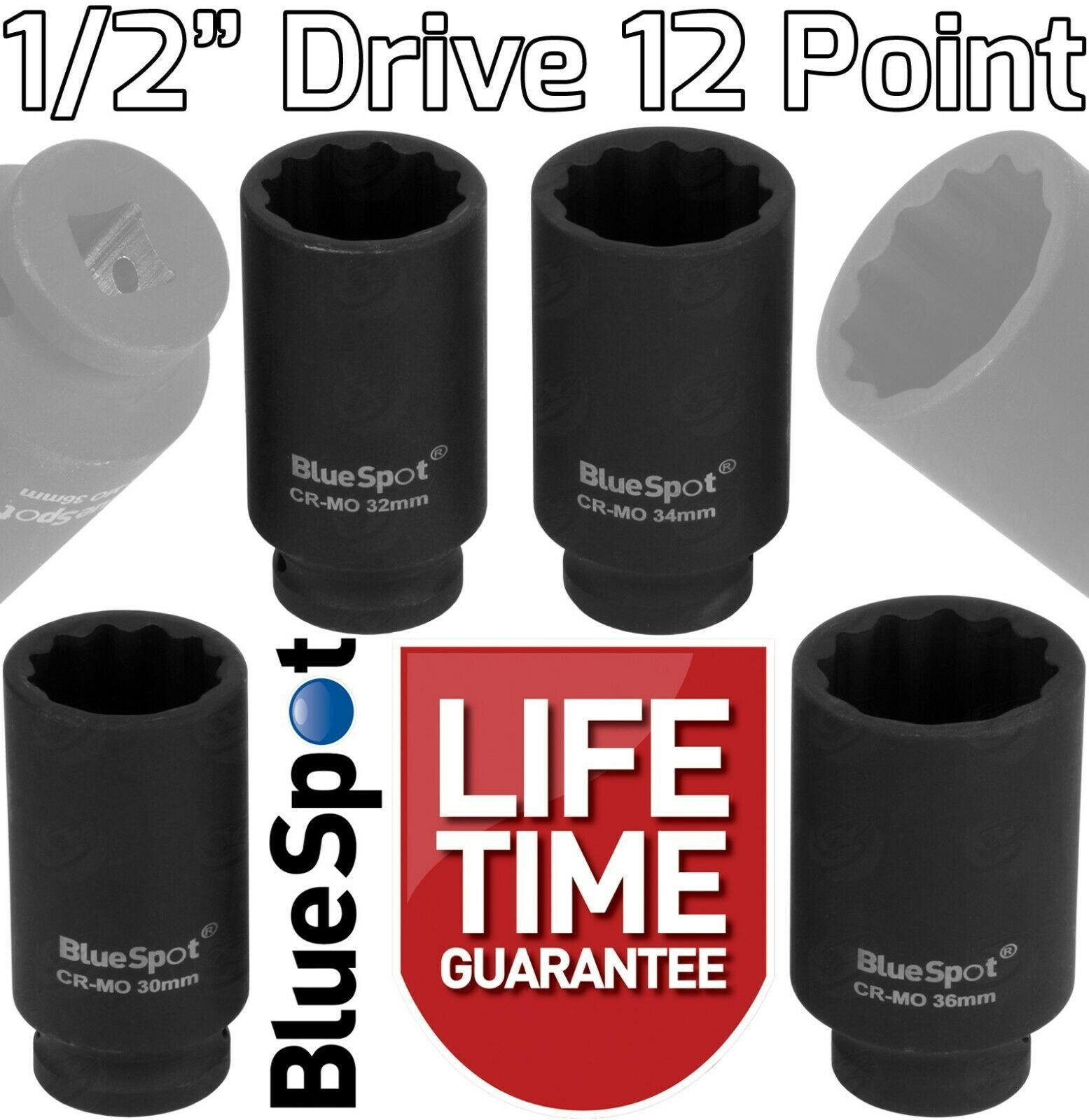 BLUESPOT 4PCS 1/2" DRIVE 12 POINT DEEP IMPACT SOCKETS 30MM - 36MM