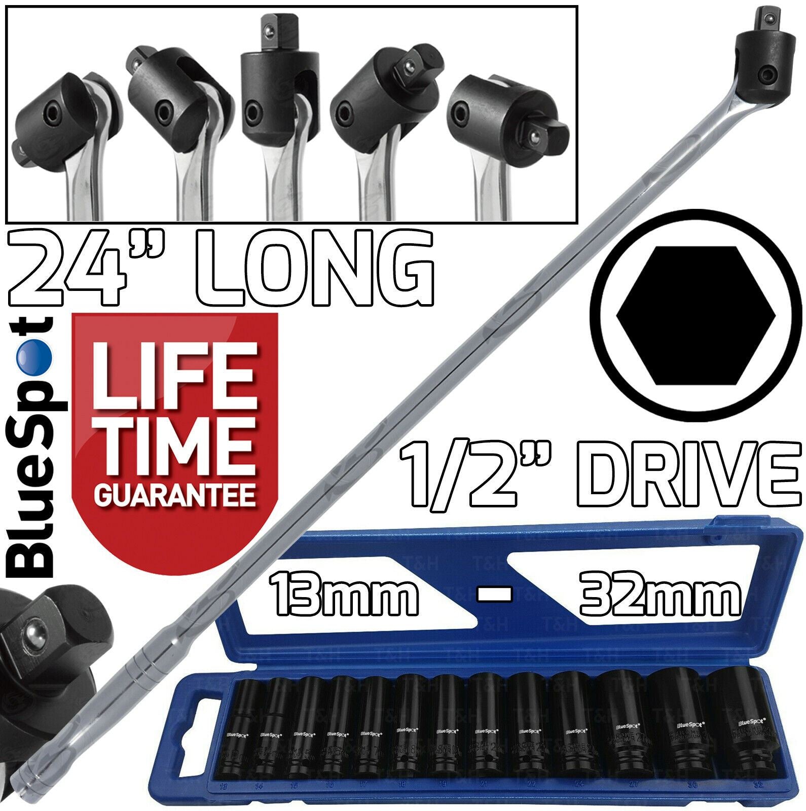 BLUESPOT 1/2" DRIVE 24" LONG BREAKER BAR & 13PCS 6 POINT DEEP IMPACT SOCKETS 13MM - 32MM