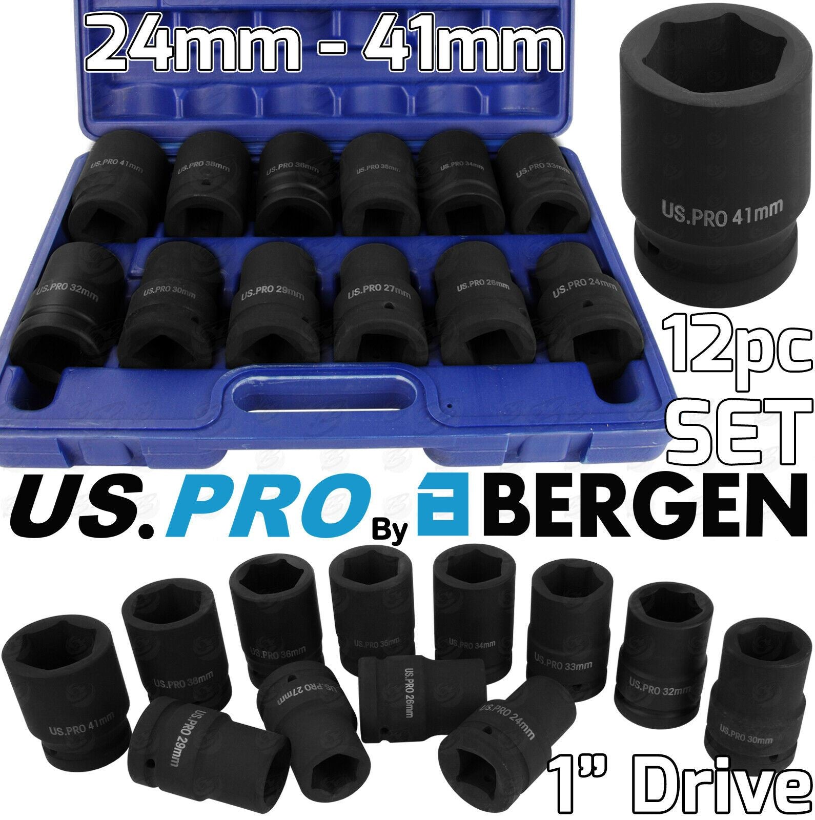 US PRO 12PCS 1" DRIVE 6 POINT DEEP IMPACT SOCKETS 24MM - 41MM