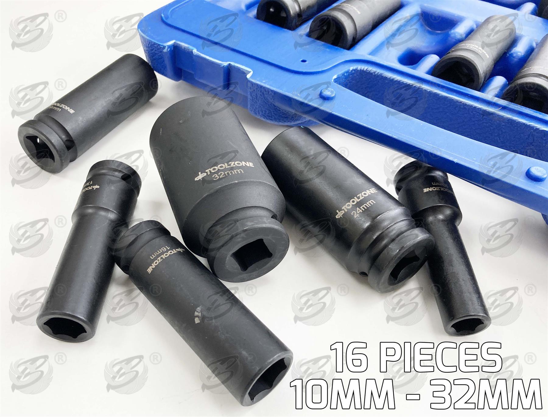 TOOLZONE 19PCS 1/2" DRIVE 6 POINT DEEP IMPACT SOCKETS & EXTENSIONS 10MM - 32MM