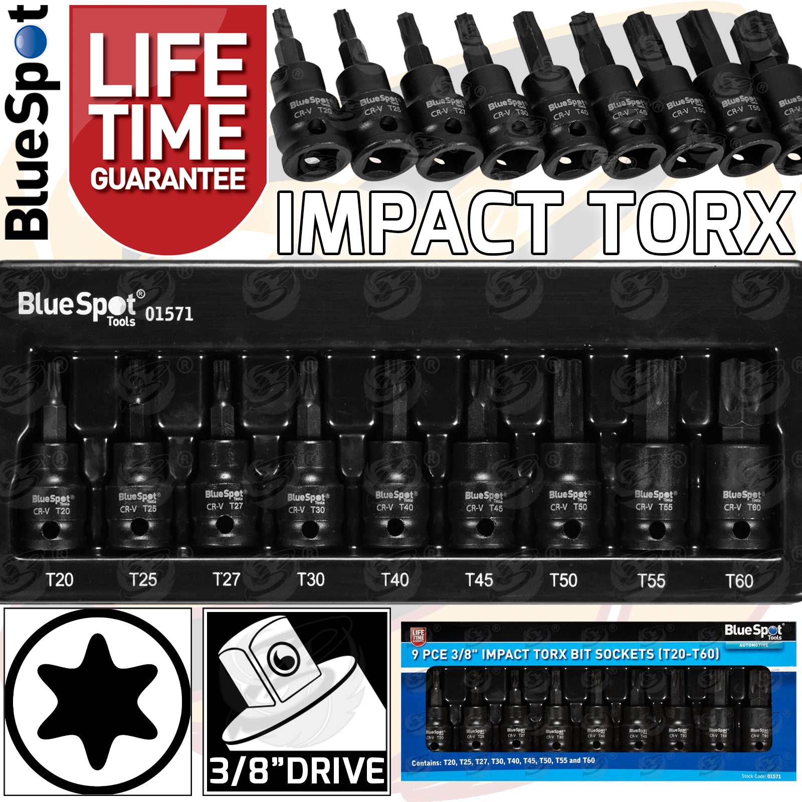 BLUESPOT 9PCS 3/8" DRIVE IMPACT TORX BIT SOCKETS T20 - T60